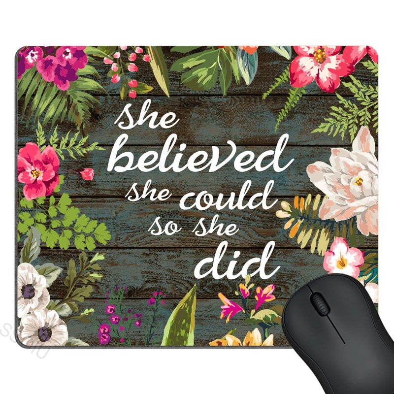 SSOIU Gaming Mouse Pad She Believed She Could So She Did Inspirational Quotes, Vintage Floral Rustic Wood Motivational Quote Mouse Pads for Computers - Image 1